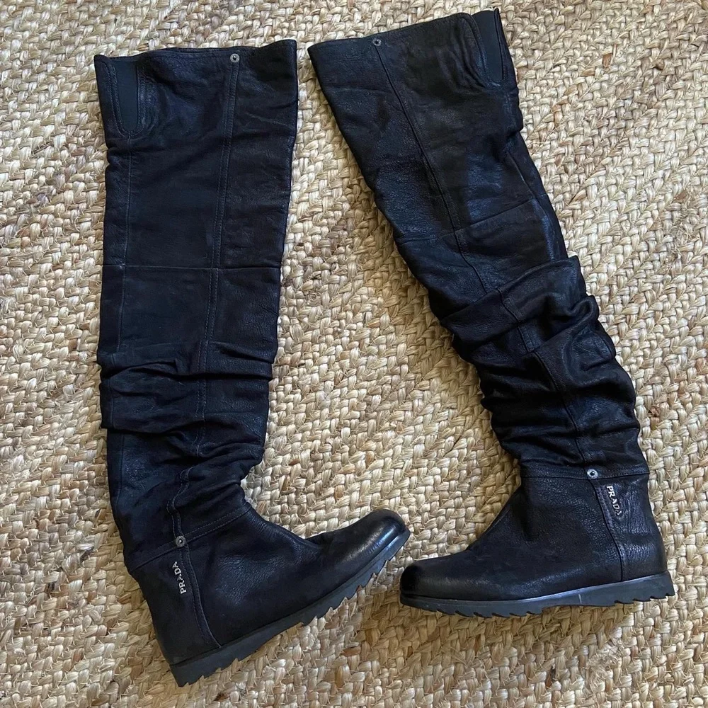 Prada black leather Knee High Boots Size‎ 35.5